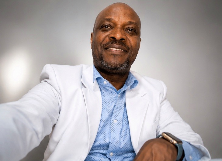 John Saint Vil wearing a white suit and blue shirt